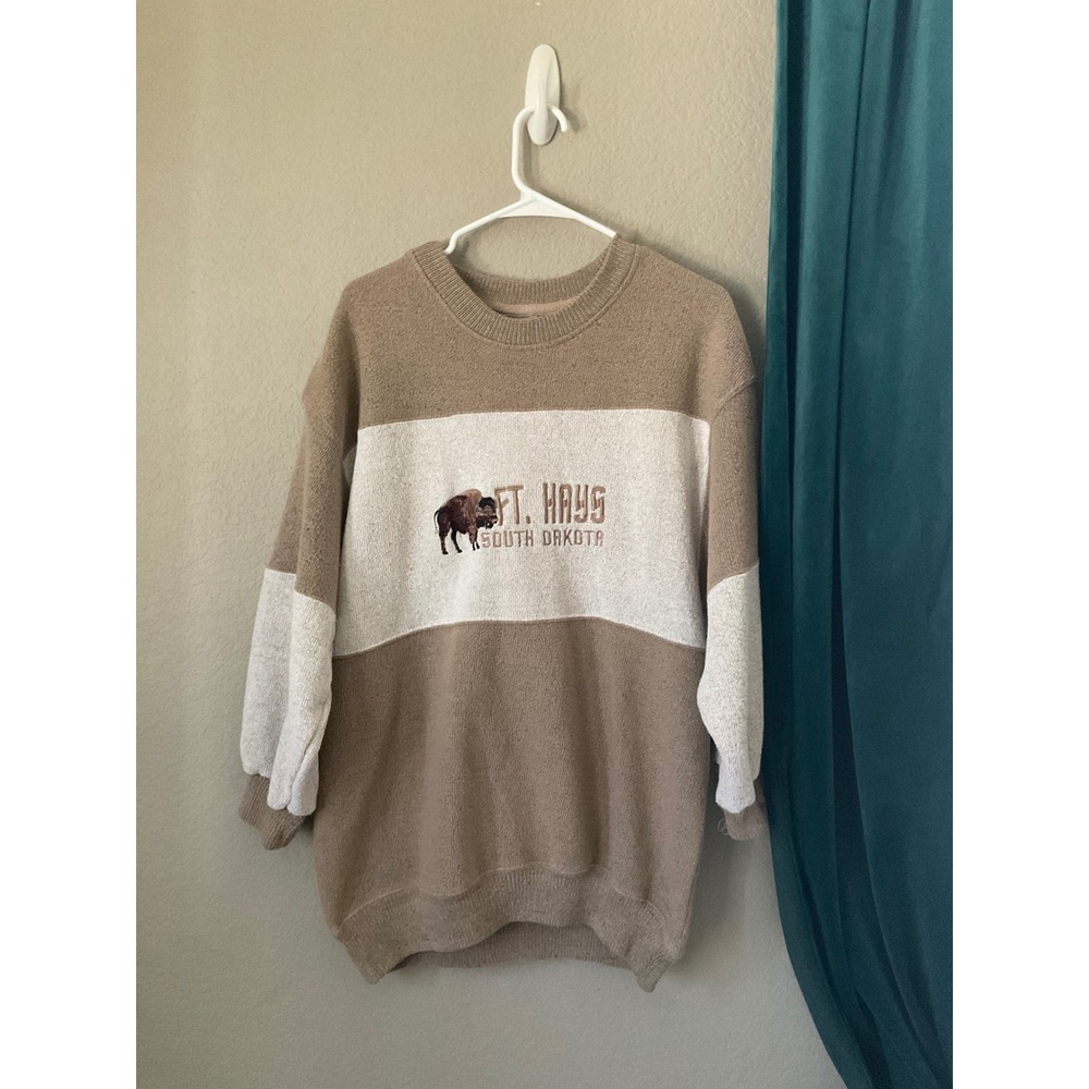Renegade Club Ft Hays South Dakota Buffalo Sweatshirt Tan Cream Colorblock L
